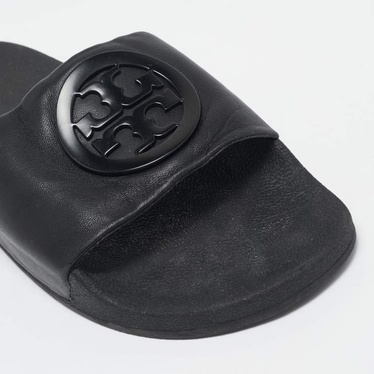Pre Owned Tory Burch Black Leather Double T Flat Slides Size 39.5