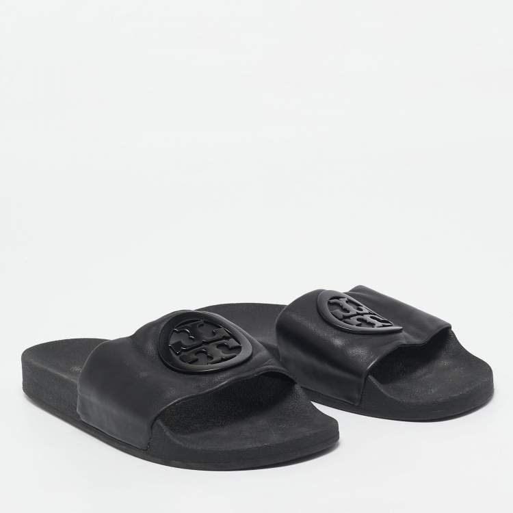 Pre Owned Tory Burch Black Leather Double T Flat Slides Size 39.5