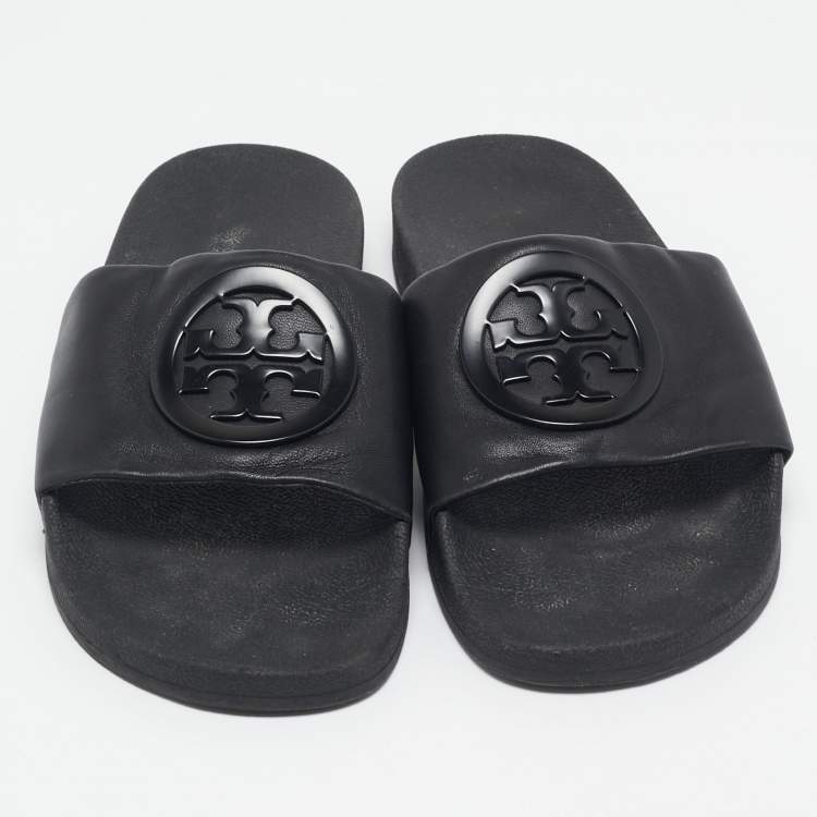 Pre Owned Tory Burch Black Leather Double T Flat Slides Size 39.5