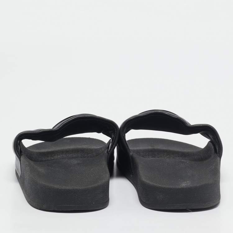Pre Owned Tory Burch Black Leather Double T Flat Slides Size 39.5