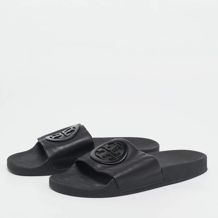 Pre Owned Tory Burch Black Leather Double T Flat Slides Size 39.5