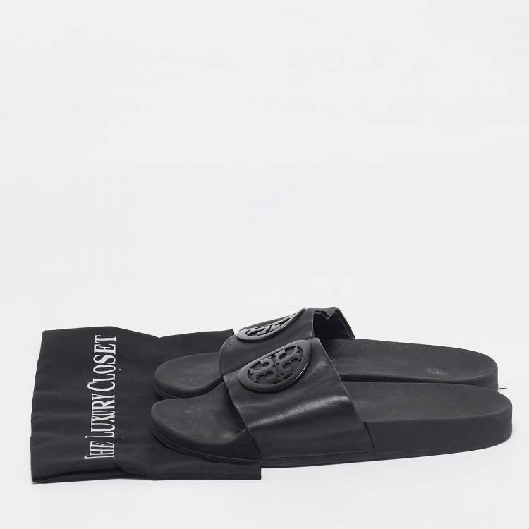 Pre Owned Tory Burch Black Leather Double T Flat Slides Size 39.5