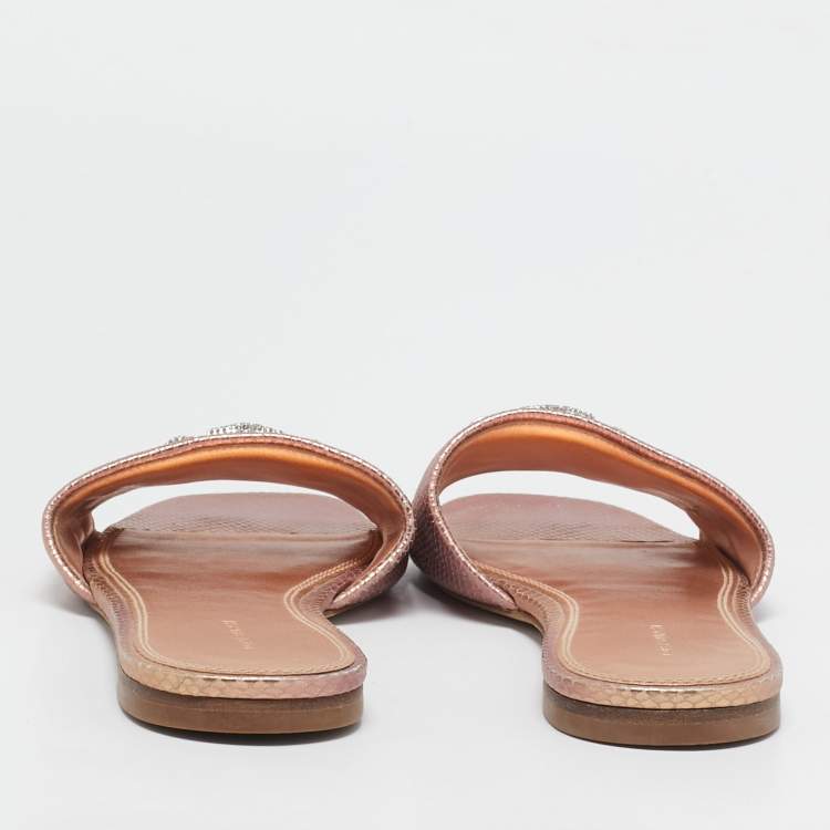 Pre Owned Tory Burch Rose Gold Python Embossed Leather Ines Flat Slides Size 37.5