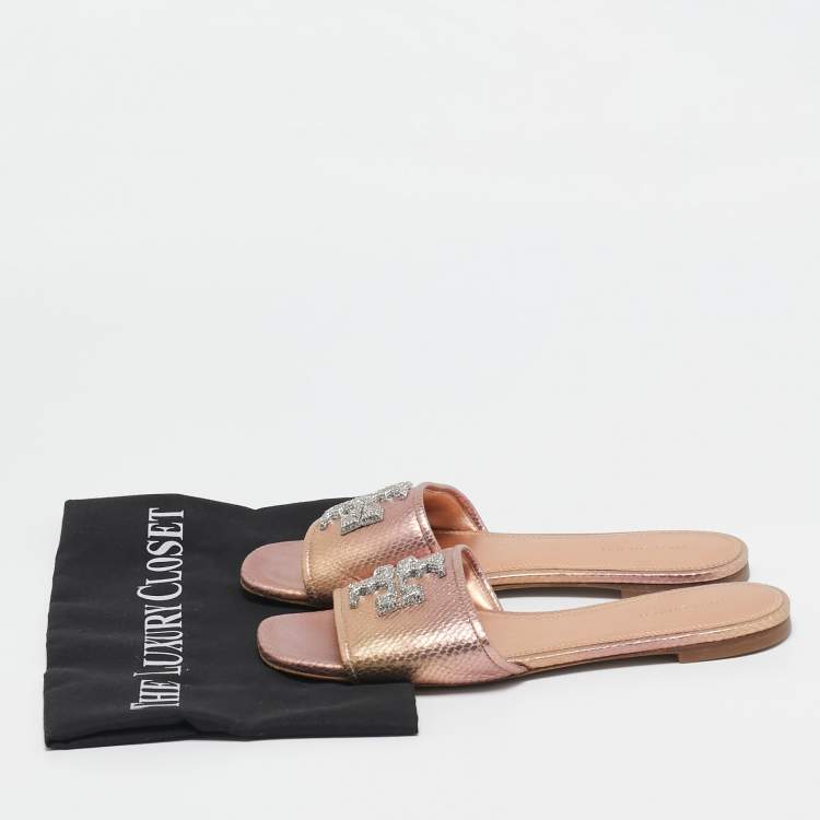 Pre Owned Tory Burch Rose Gold Python Embossed Leather Ines Flat Slides Size 37.5