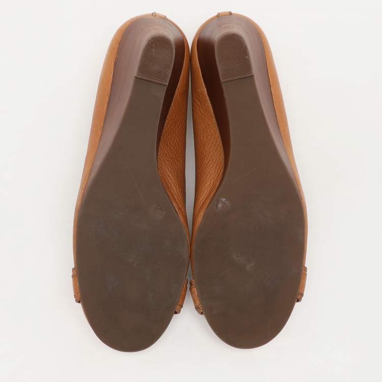 Pre Owned Tory Burch Tan Leather Wedge Pumps Size 38