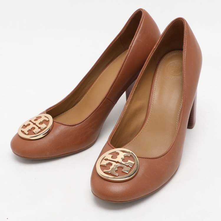 Pre Owned Tory Burch Brown Leather Block Heel Pumps Size 37