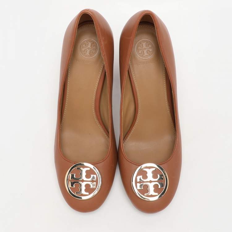 Pre Owned Tory Burch Brown Leather Block Heel Pumps Size 37