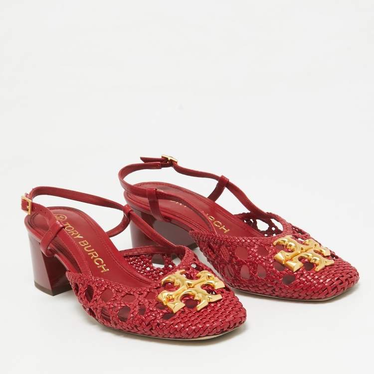 Pre Owned Tory Burch Red Intrecciato Leather Slingback Pumps Size 38.5