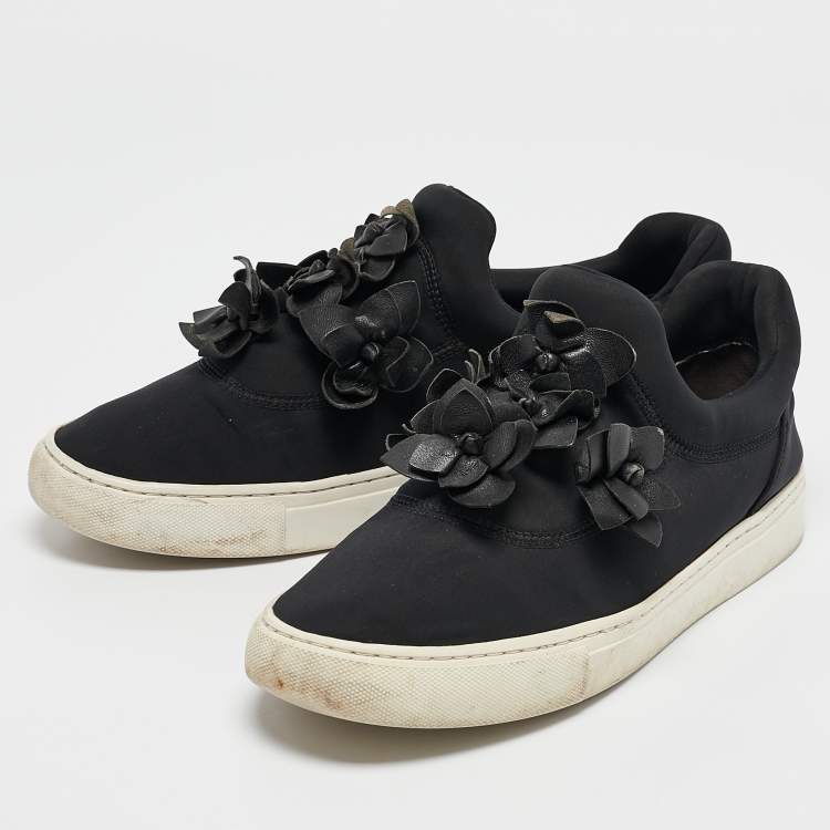 Pre Owned Tory Burch Black Neoprene And Leather Blossom Floral Applique Slip On Sneakers Size 39