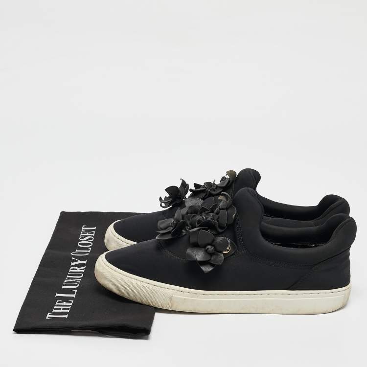 Pre Owned Tory Burch Black Neoprene And Leather Blossom Floral Applique Slip On Sneakers Size 39