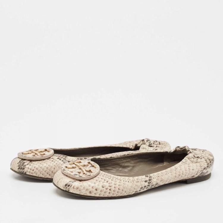 Pre Owned Tory Burch Cream/Black Python Embossed Leather Reva Scrunch Ballet Flats Size 36