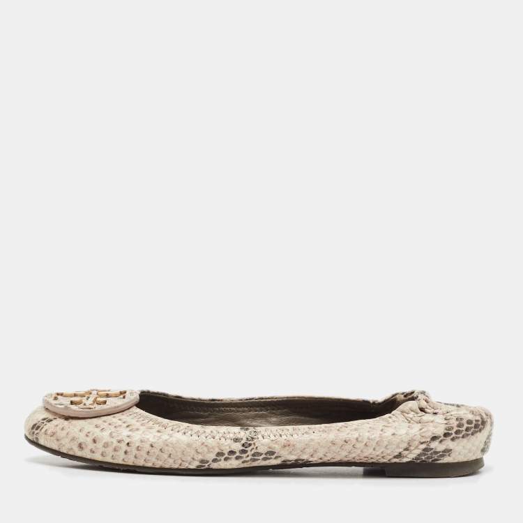 Pre Owned Tory Burch Cream/Black Python Embossed Leather Reva Scrunch Ballet Flats Size 36