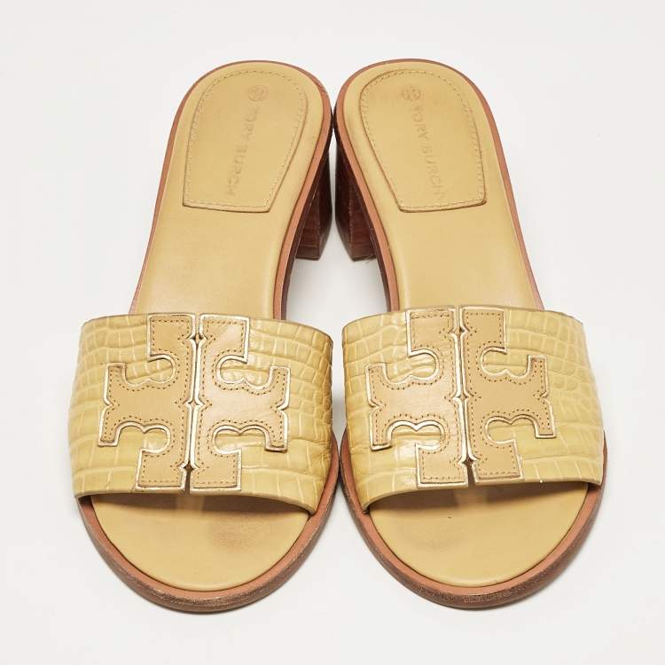 Pre Owned Tory Burch Yellow Croc Embossed Leather Ines Slide Sandals Size 39