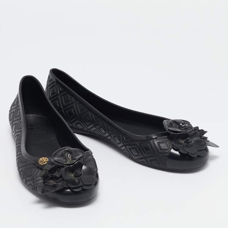 Pre Owned Tory Burch Black Jelly Blossom Ballet Flat Size 38.5