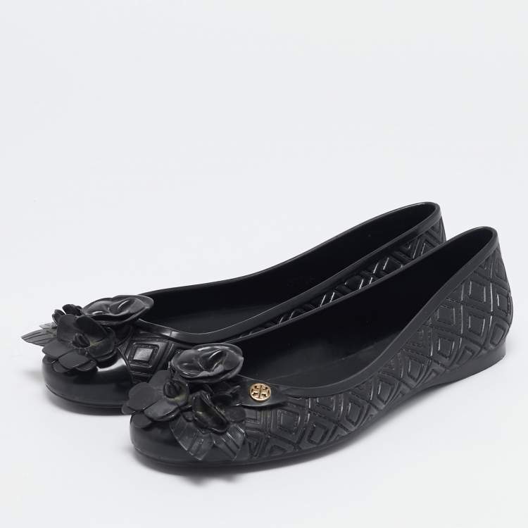 Pre Owned Tory Burch Black Jelly Blossom Ballet Flat Size 38.5