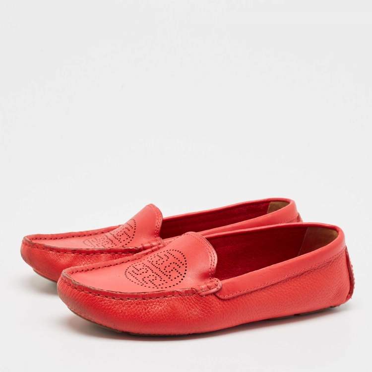 Pre Owned Tory Burch Red Leather Perforated Logo Slip On Loafers Size 38