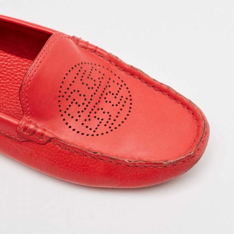 Pre Owned Tory Burch Red Leather Perforated Logo Slip On Loafers Size 38
