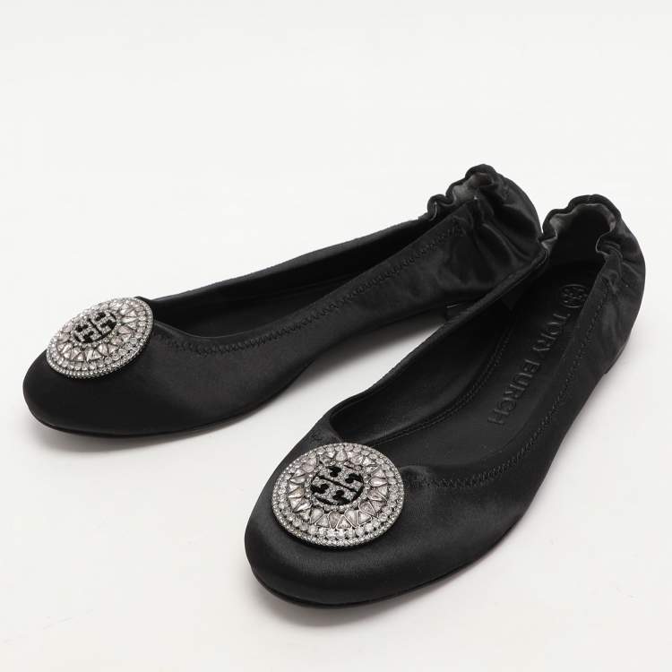 Pre Owned Tory Burch Black Satin Crystal Logo Embellished Ballet Flats Size 36.5