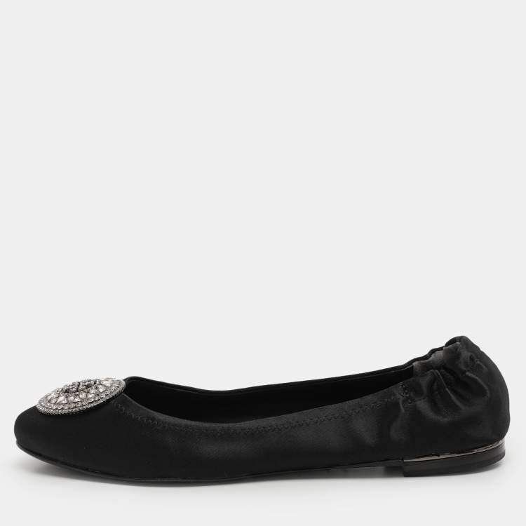 Pre Owned Tory Burch Black Satin Crystal Logo Embellished Ballet Flats Size 36.5
