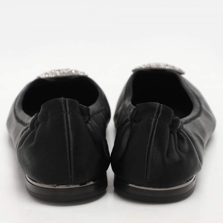 Pre Owned Tory Burch Black Satin Crystal Logo Embellished Ballet Flats Size 36.5