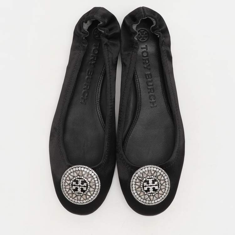 Pre Owned Tory Burch Black Satin Crystal Logo Embellished Ballet Flats Size 36.5