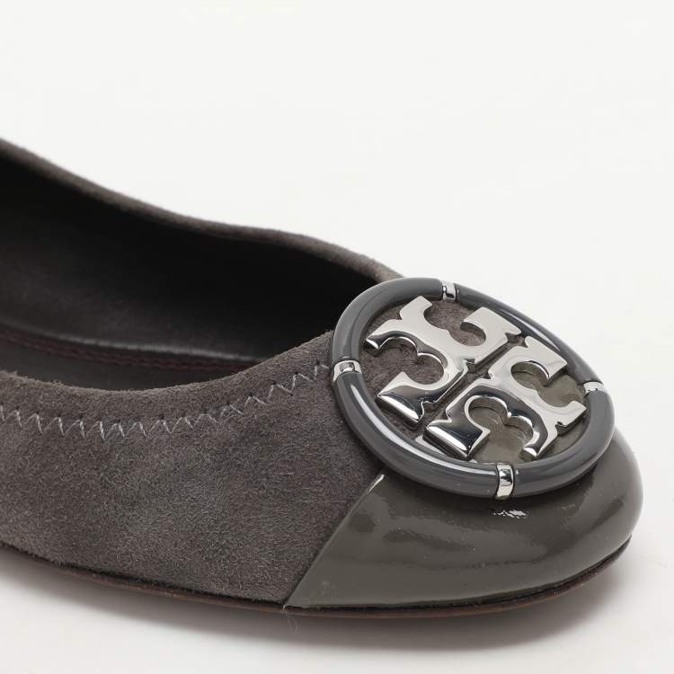Pre Owned Tory Burch Dark Grey Patent Leather and Suede Reva Ballet Flats Size 36