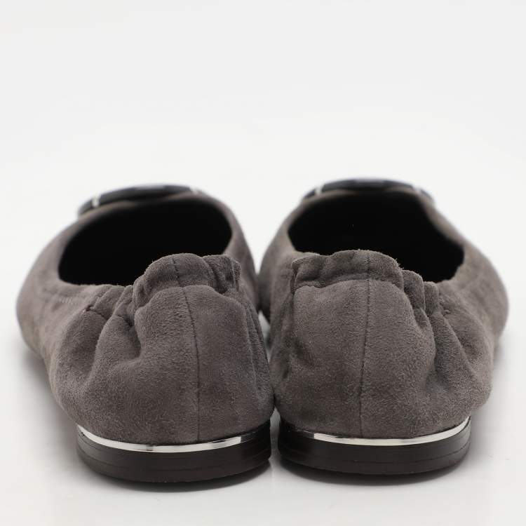 Pre Owned Tory Burch Dark Grey Patent Leather and Suede Reva Ballet Flats Size 36