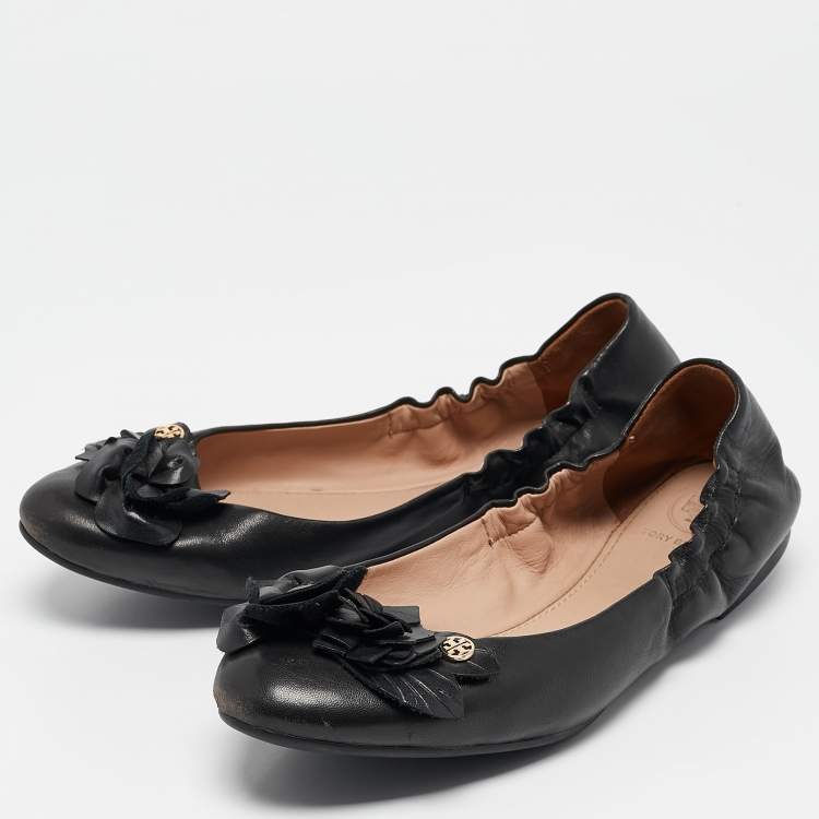 Pre Owned Tory Burch Black Leather Blossom Ballet Flats Size 37.5