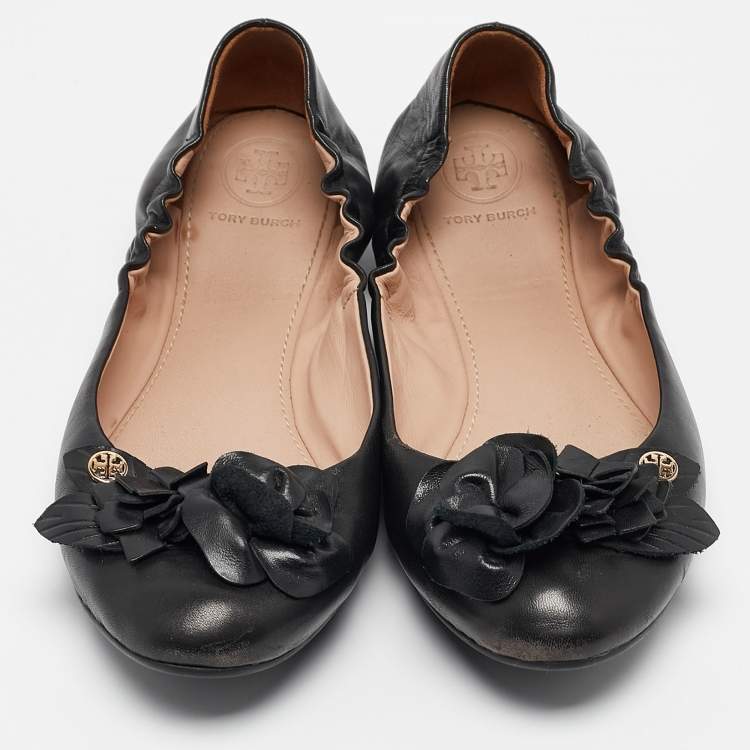 Pre Owned Tory Burch Black Leather Blossom Ballet Flats Size 37.5