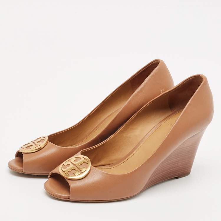 Pre Owned Tory Burch Tan Leather Benton Peep Toe Wedge Pumps Size 38