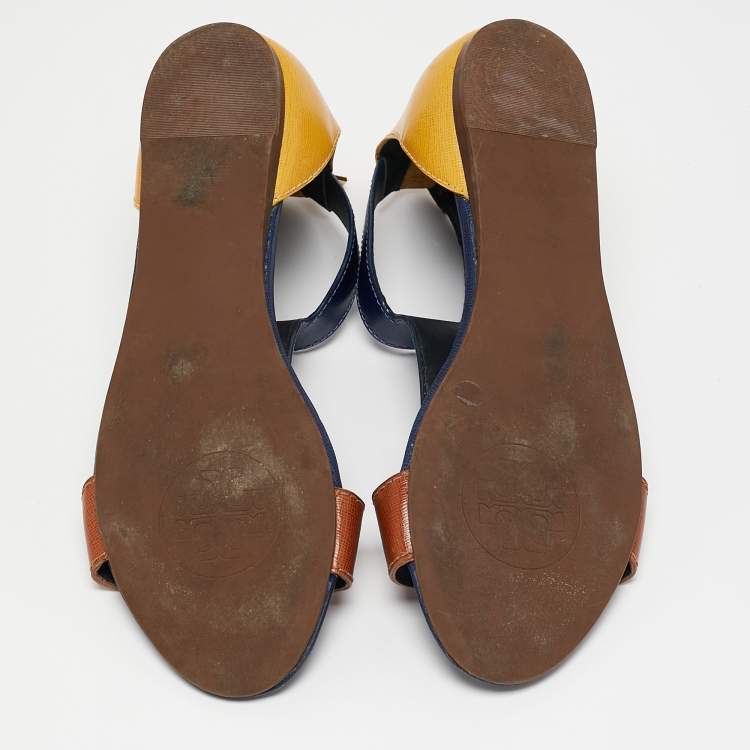 Pre Owned Tory Burch Brown/Blue Leather T-Strap Flat Sandals Size 40 