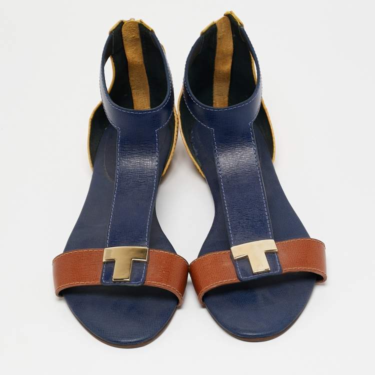 Pre Owned Tory Burch Brown/Blue Leather T-Strap Flat Sandals Size 40 