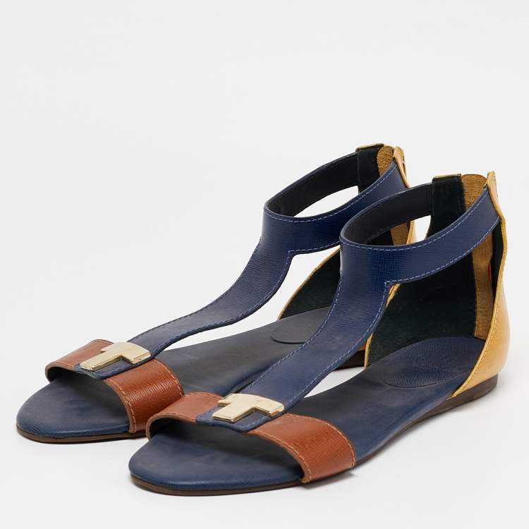 Pre Owned Tory Burch Brown/Blue Leather T-Strap Flat Sandals Size 40 