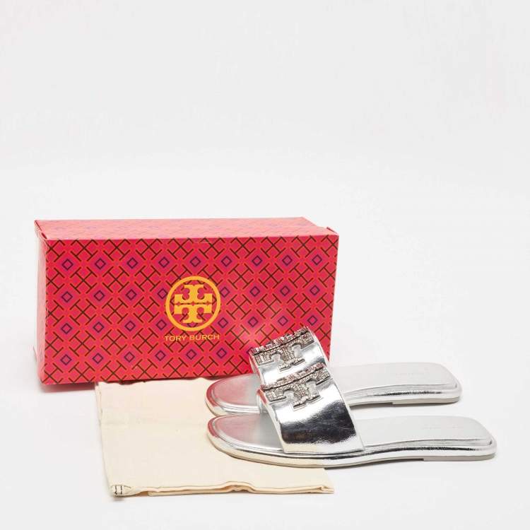 مملوكة مسبقًا Tory Burch Silver Leather Double T Flat Slides Size 40.5