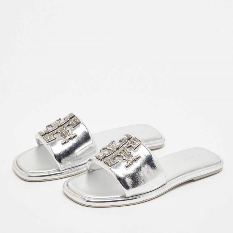 مملوكة مسبقًا Tory Burch Silver Leather Double T Flat Slides Size 40.5