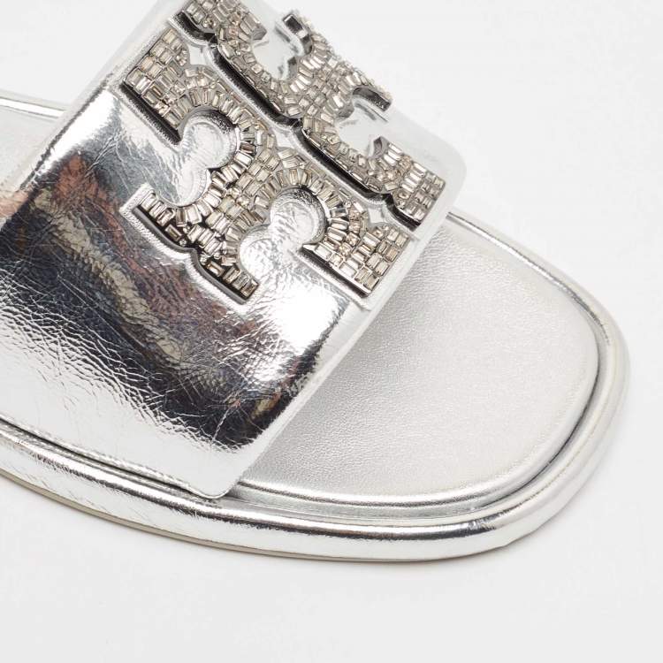 مملوكة مسبقًا Tory Burch Silver Leather Double T Flat Slides Size 40.5