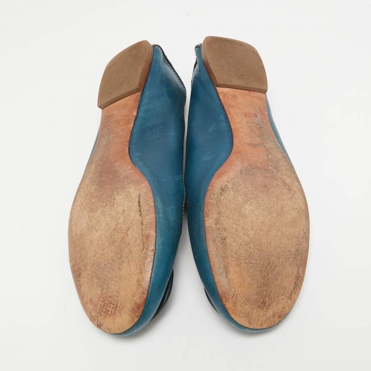 Pre Owned Tory Burch Blue Leather Logo Minnie Ballet Flats Size 37
