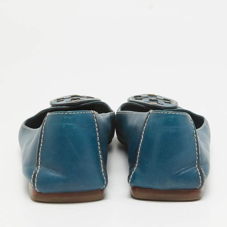 Pre Owned Tory Burch Blue Leather Logo Minnie Ballet Flats Size 37