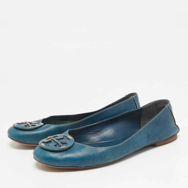 Pre Owned Tory Burch Blue Leather Logo Minnie Ballet Flats Size 37