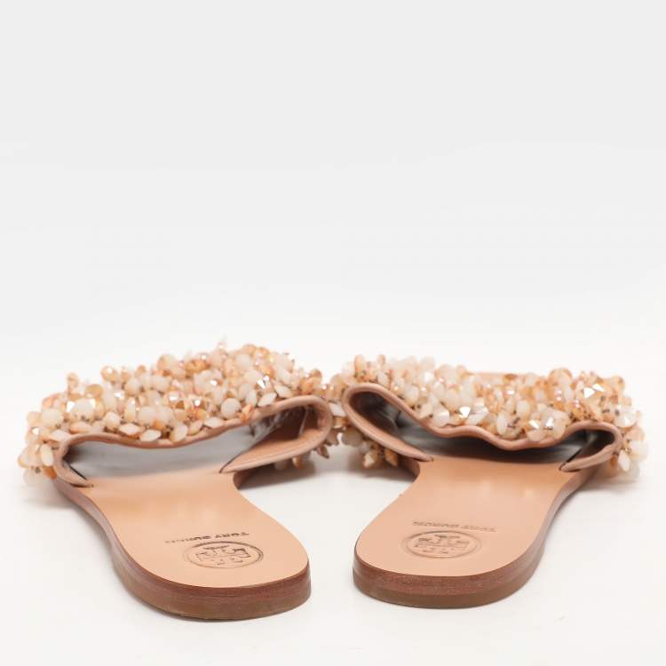 Pre Owned Tory Burch Beige Satin Embellished Logan Slide Sandals Size 39.5