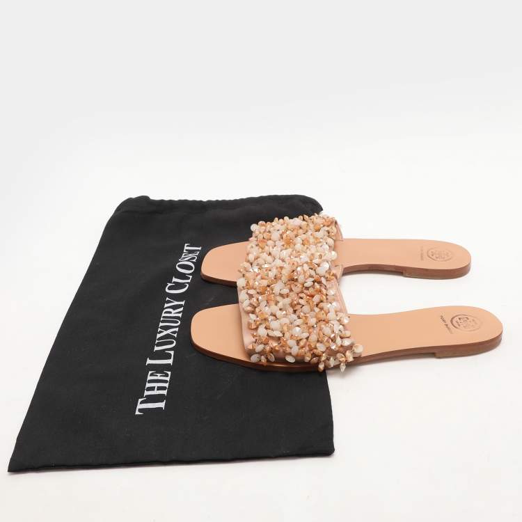 Pre Owned Tory Burch Beige Satin Embellished Logan Slide Sandals Size 39.5