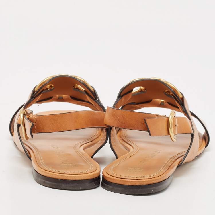 Pre Owned Tory Burch Brown Leather Crystal Embellished Slingback Flat Sandals Size 38