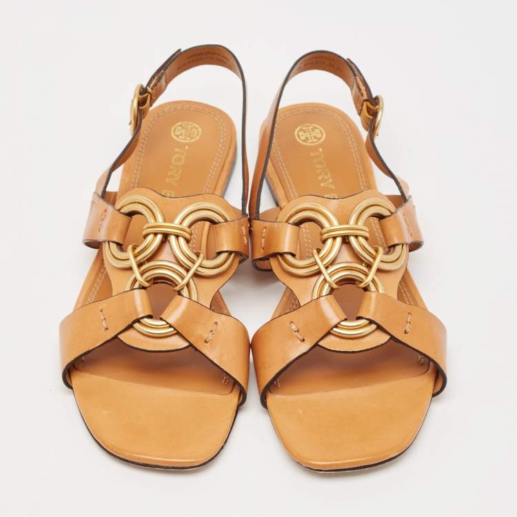 Pre Owned Tory Burch Brown Leather Crystal Embellished Slingback Flat Sandals Size 38