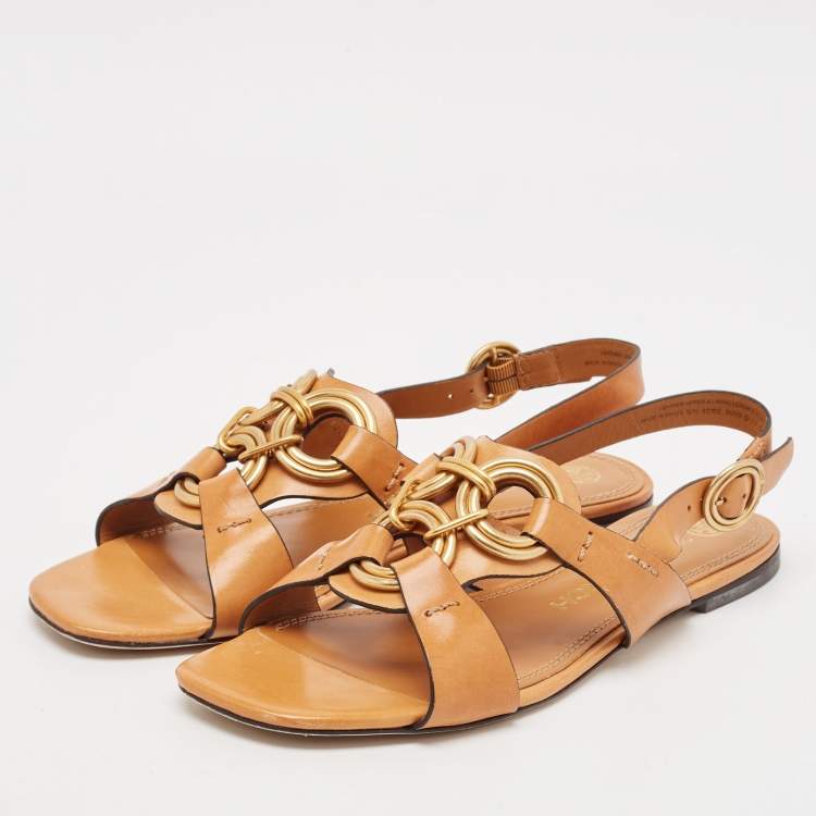 Pre Owned Tory Burch Brown Leather Crystal Embellished Slingback Flat Sandals Size 38