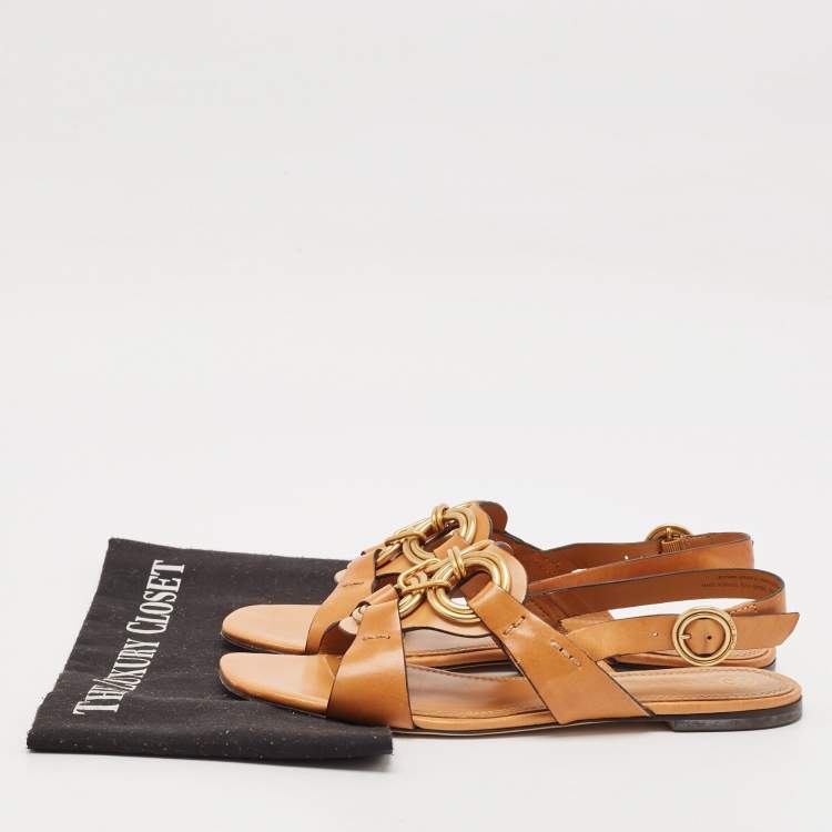 Pre Owned Tory Burch Brown Leather Crystal Embellished Slingback Flat Sandals Size 38