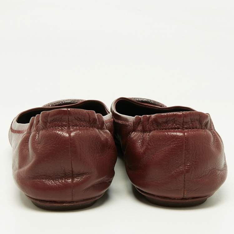 Pre Owned Tory Burch Burgundy Leather Minnie Travel Ballet Flats Size 40.5