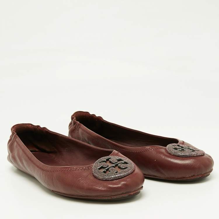 Pre Owned Tory Burch Burgundy Leather Minnie Travel Ballet Flats Size 40.5