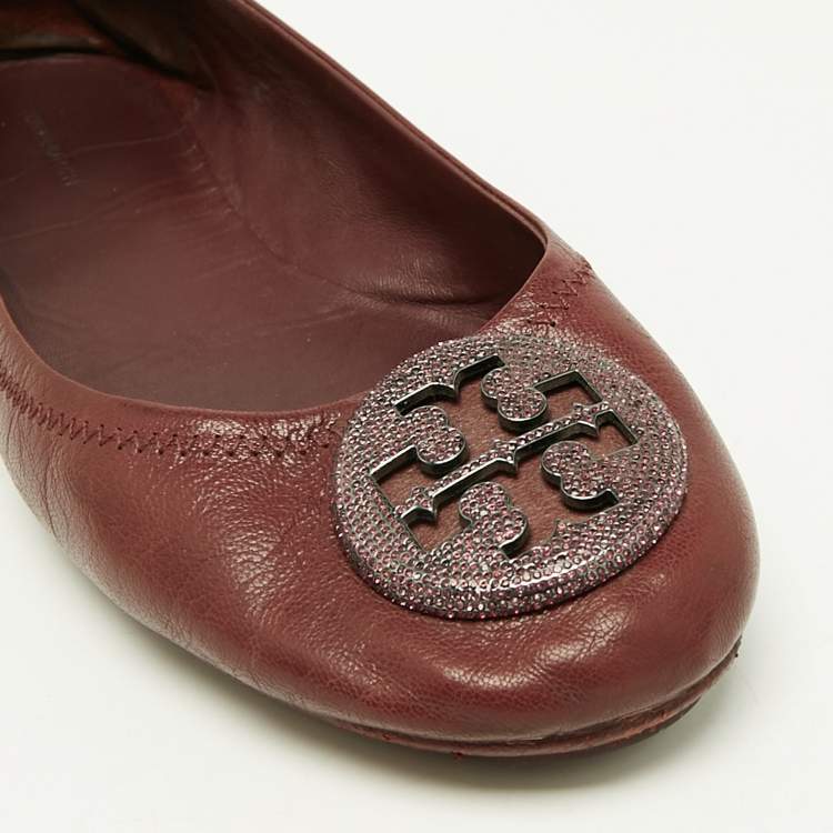 Pre Owned Tory Burch Burgundy Leather Minnie Travel Ballet Flats Size 40.5