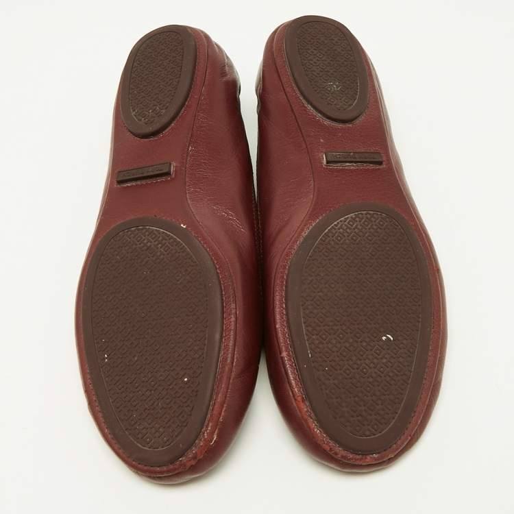 Pre Owned Tory Burch Burgundy Leather Minnie Travel Ballet Flats Size 40.5