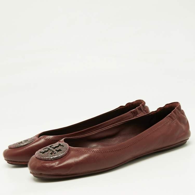 Pre Owned Tory Burch Burgundy Leather Minnie Travel Ballet Flats Size 40.5